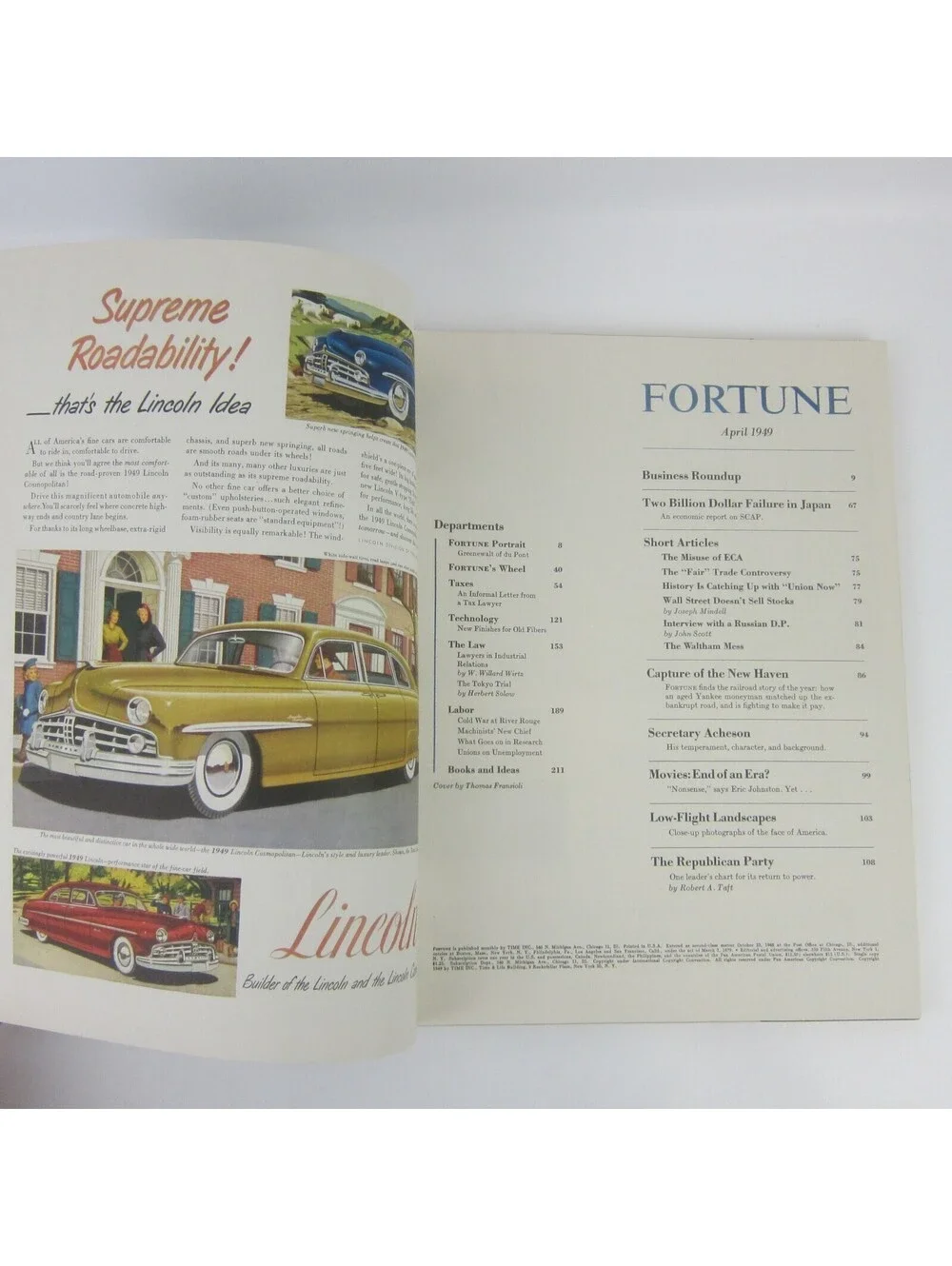 Vintage FORTUNE Magazine April 1949 Thomas Fransioli Cover Lincoln Cadillac Ads